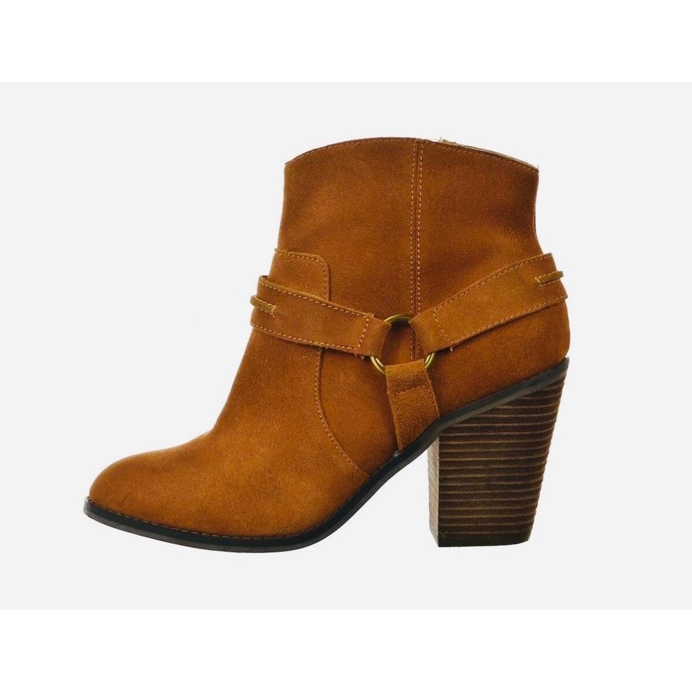 KELSI DAGGER Tan Suede Ankle Boot Harness Buckle Heel Western Bootie Shoe 9.5
